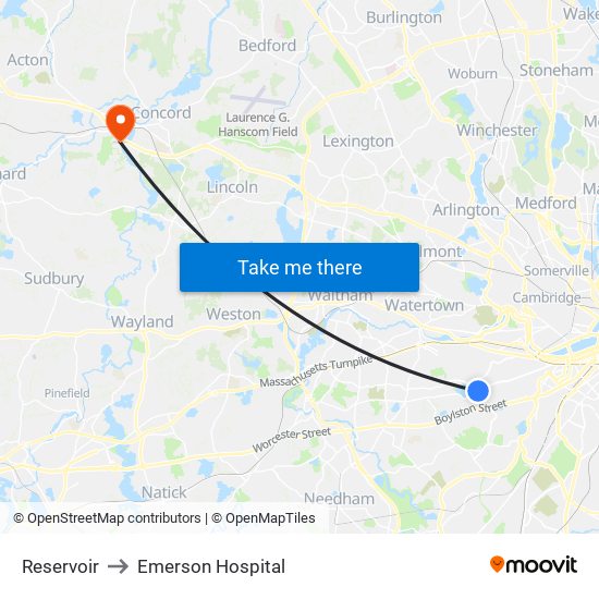 Reservoir to Emerson Hospital map