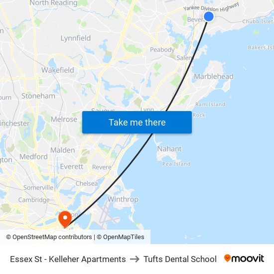 Essex St - Kelleher Apartments to Tufts Dental School map