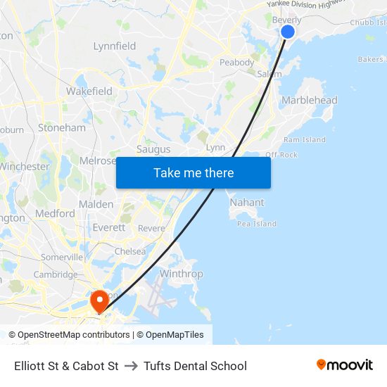 Elliott St & Cabot St to Tufts Dental School map