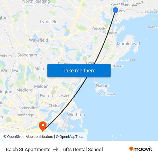 Balch St Apartments to Tufts Dental School map
