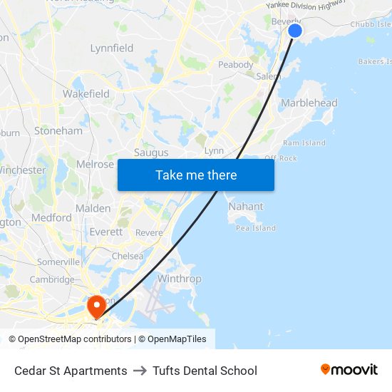 Cedar St Apartments to Tufts Dental School map