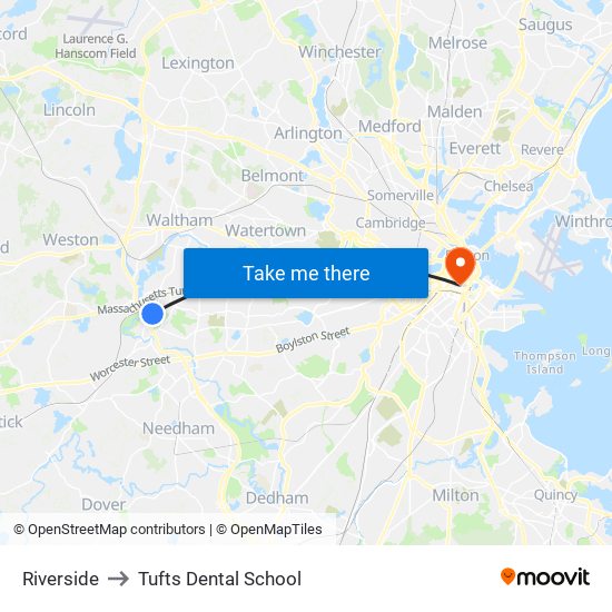 Riverside to Tufts Dental School map