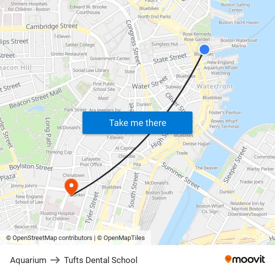 Aquarium to Tufts Dental School map