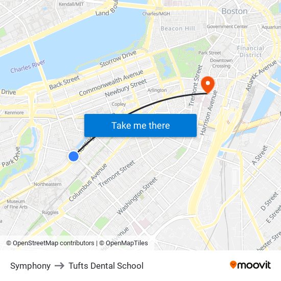 Symphony to Tufts Dental School map