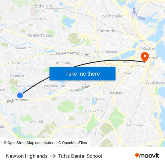 Newton Highlands to Tufts Dental School map