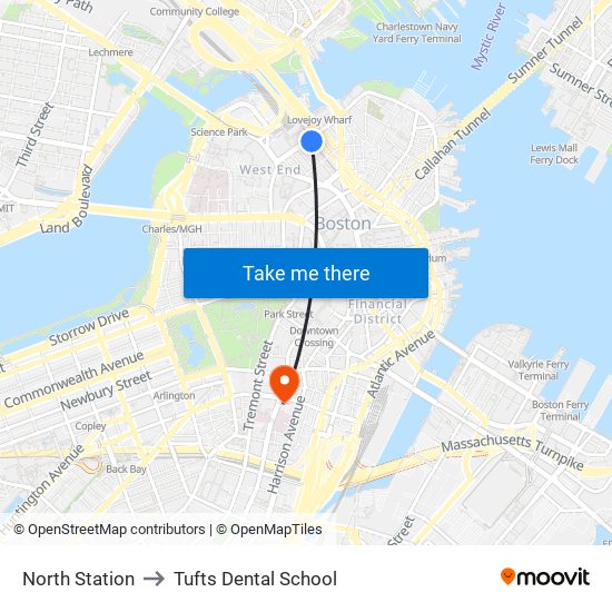 North Station to Tufts Dental School map