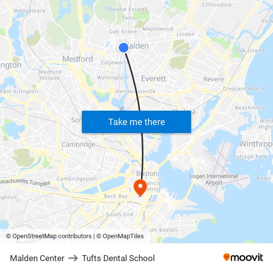 Malden Center to Tufts Dental School map