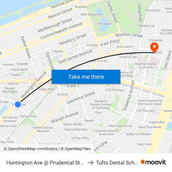 Huntington Ave @ Prudential Station to Tufts Dental School map