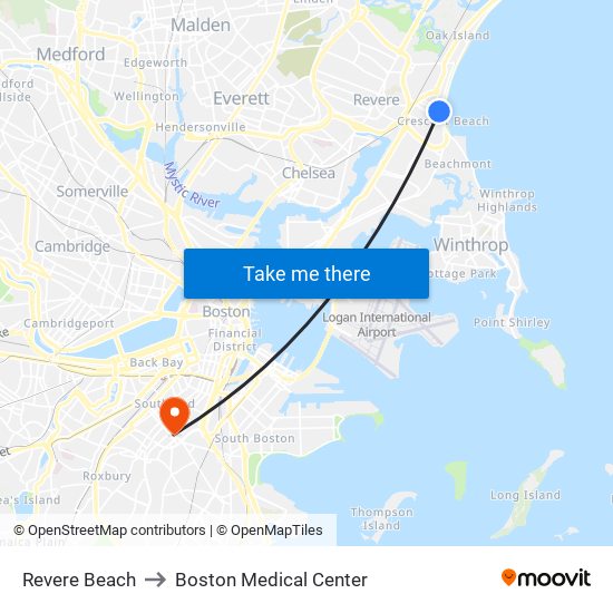 Revere Beach to Boston Medical Center map