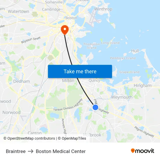 Braintree to Boston Medical Center map
