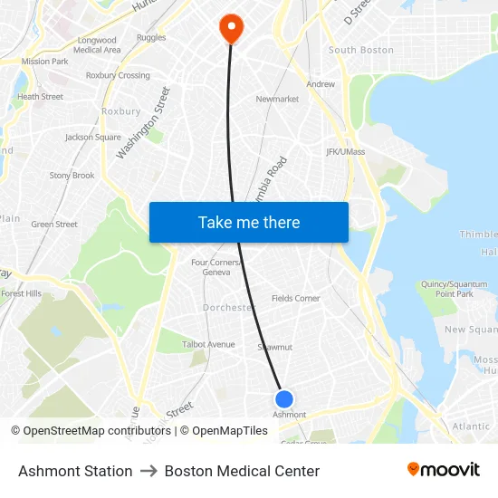 Ashmont Station to Boston Medical Center map