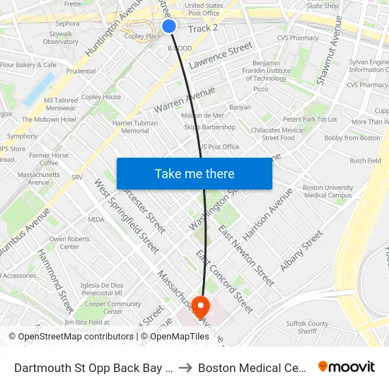 Dartmouth St Opp Back Bay Sta to Boston Medical Center map