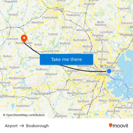 Airport to Boxborough map
