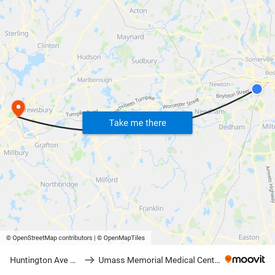 Huntington Ave @ Fenwood Rd to Umass Memorial Medical Center - University Campus map