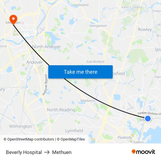 Beverly Hospital to Methuen map