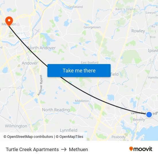 Turtle Creek Apartments to Methuen map