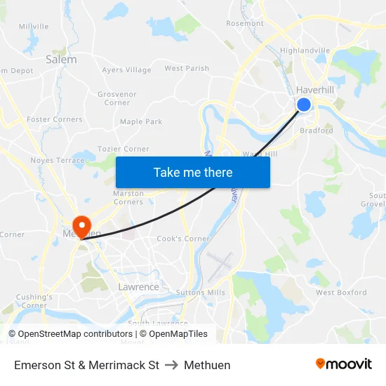 Emerson St & Merrimack St to Methuen map