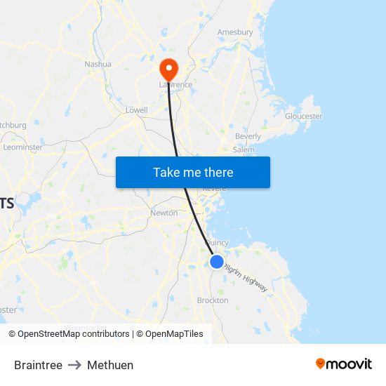 Braintree to Methuen map