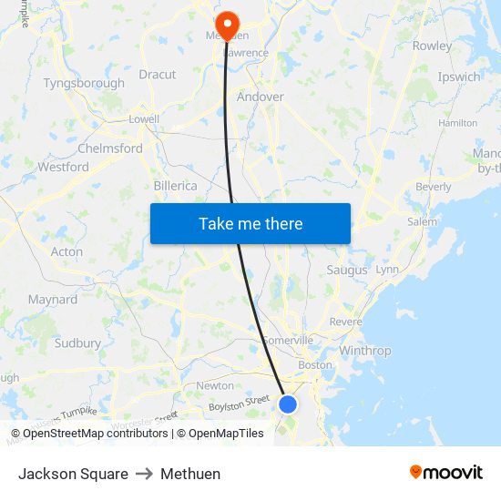 Jackson Square to Methuen map