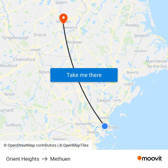 Orient Heights to Methuen map