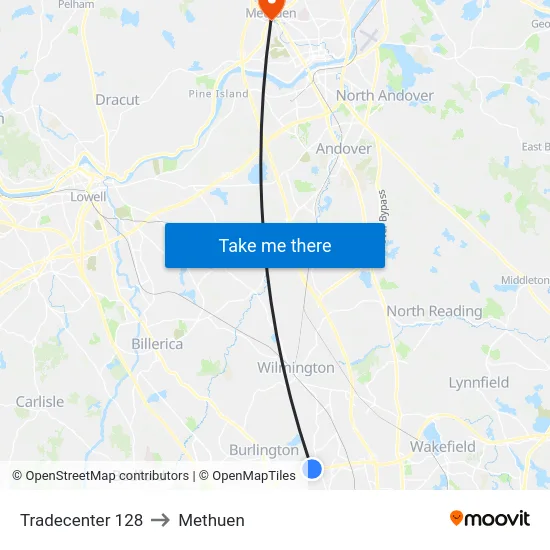 Tradecenter 128 to Methuen map