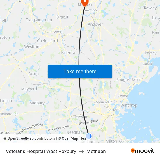 Veterans Hospital West Roxbury to Methuen map
