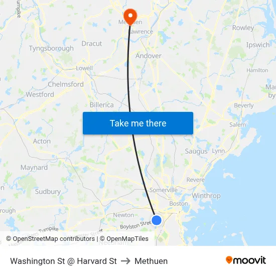Washington St @ Harvard St to Methuen map