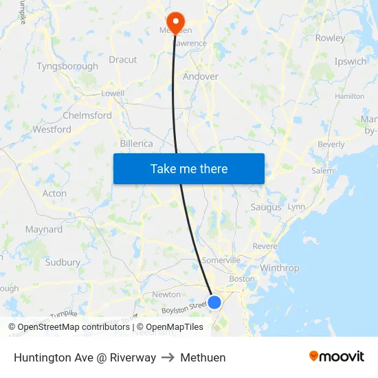 Huntington Ave @ Riverway to Methuen map