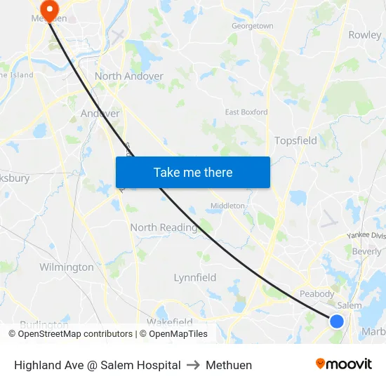 Highland Ave @ Salem Hospital to Methuen map