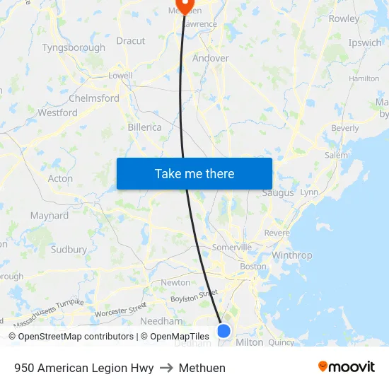 950 American Legion Hwy to Methuen map