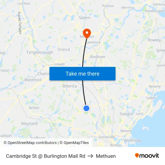 Cambridge St @ Burlington Mall Rd to Methuen map