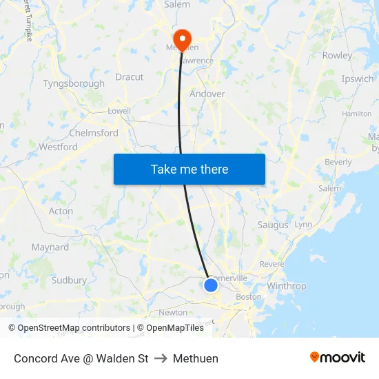 Concord Ave @ Walden St to Methuen map