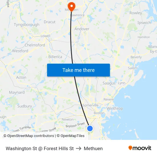 Washington St @ Forest Hills St to Methuen map
