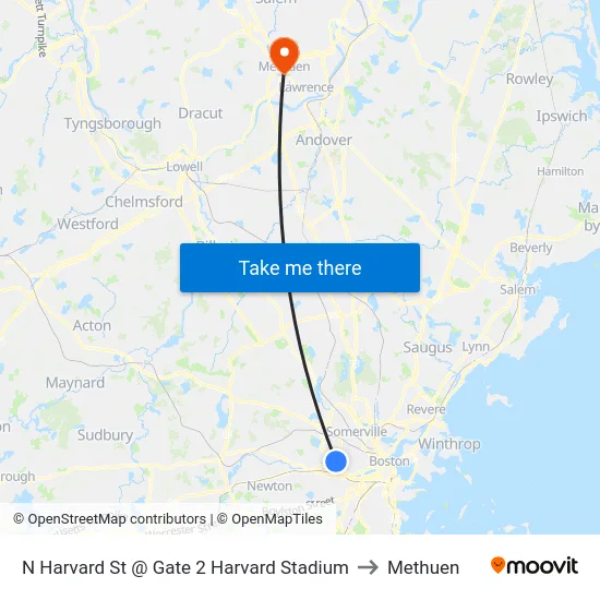 N Harvard St @ Gate 2 Harvard Stadium to Methuen map