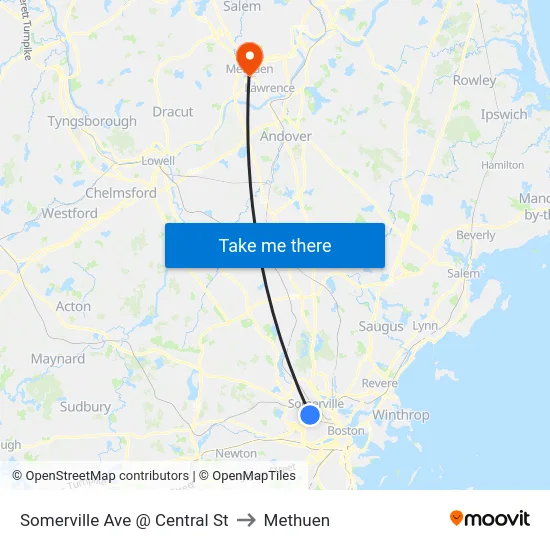 Somerville Ave @ Central St to Methuen map