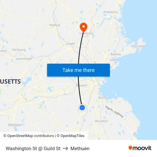 Washington St @ Guild St to Methuen map