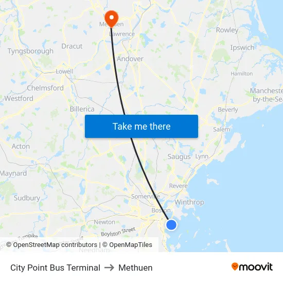 City Point Bus Terminal to Methuen map