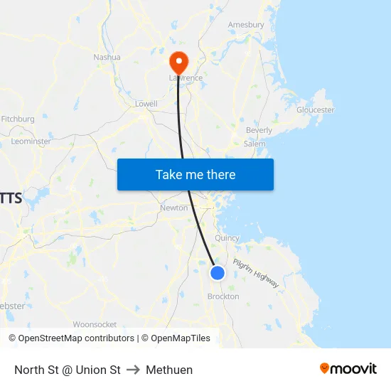 North St @ Union St to Methuen map