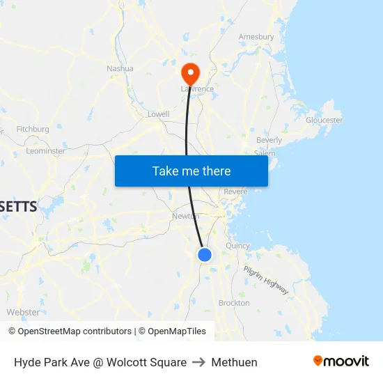 Hyde Park Ave @ Wolcott Square to Methuen map