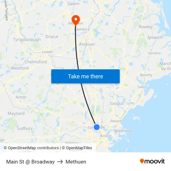 Main St @ Broadway to Methuen map