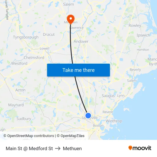 Main St @ Medford St to Methuen map