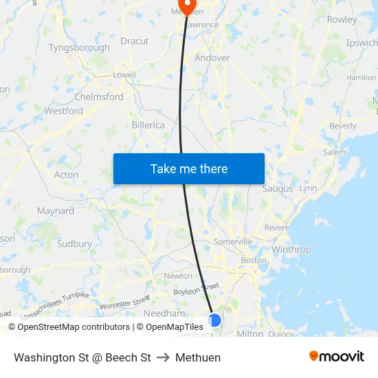 Washington St @ Beech St to Methuen map