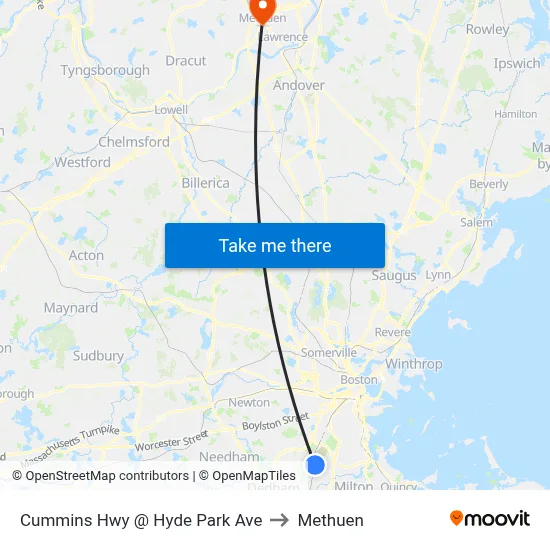 Cummins Hwy @ Hyde Park Ave to Methuen map