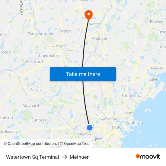 Watertown Sq Terminal to Methuen map