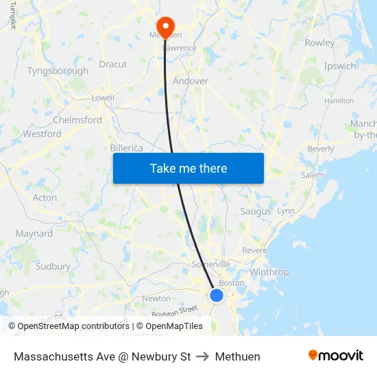 Massachusetts Ave @ Newbury St to Methuen map