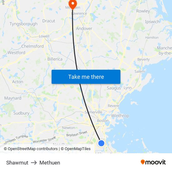 Shawmut to Methuen map