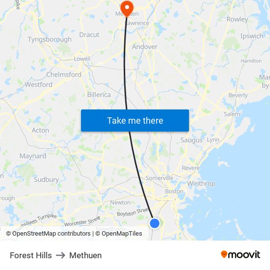 Forest Hills to Methuen map