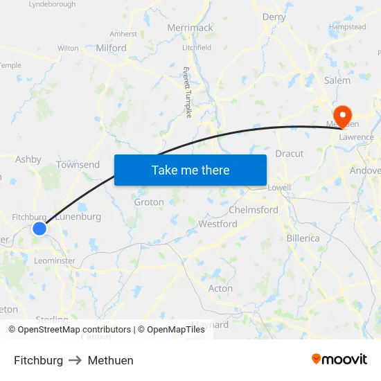 Fitchburg to Methuen map