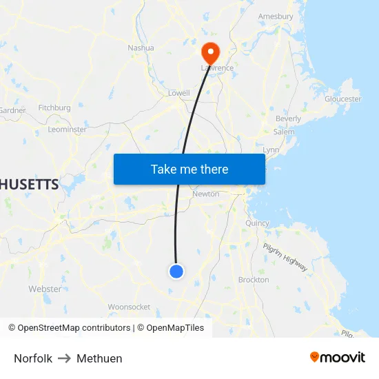 Norfolk to Methuen map