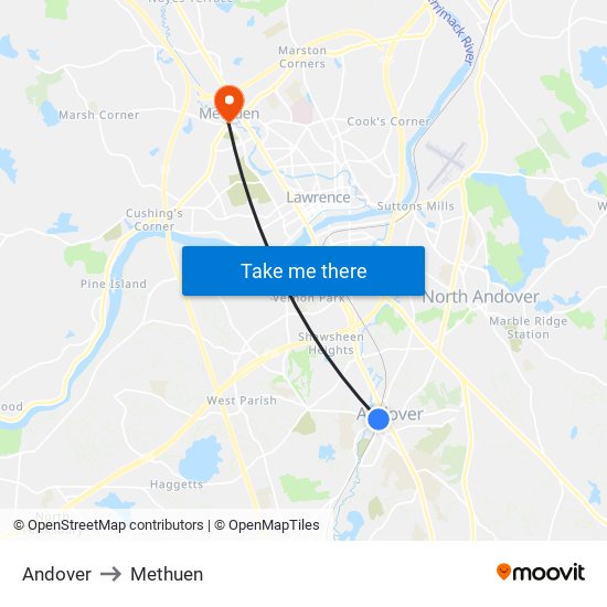 Andover to Methuen map